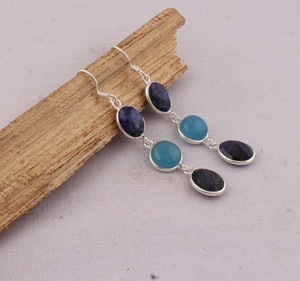 Artisan Lapis Lazuli Blue Chalcedony <b>Dangle</b> <b>Earrings</b> 925 <b>Silver</b> Two-Tiered Faceted Multi-Gemstone <b>Earrings</b> Manufacturer - Product Image 1