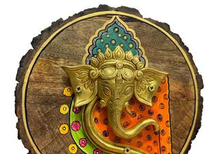 Masque de Ganesha en résine, sculpture sur cadre en bois, statue de table faite à la main, technique de moulage, figurine, décoration d'intérieur, Rajasthan Nirmala - Product Image 2