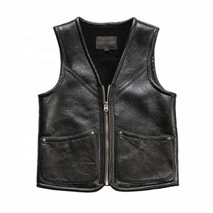 Gilet sans manches en cuir véritable pour homme, col en V, fermeture éclair sur le devant, style motard, couleur unie, automne - Product Image 5