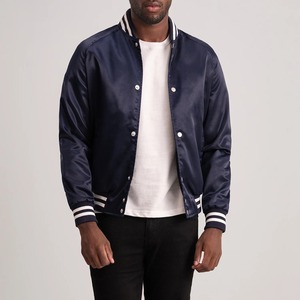 Men's Navy Blue Varsity <b>Jacket</b> Solid Color Turn-down Collar Regular Fit Casual Autumn Wear Satin Lining Polyester Material - Product Image 1