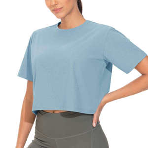 Haut court asymétrique pour femme à manches courtes, col rond, coupe ajustée, tricoté, séchage rapide, décontracté, mode estivale, léger et respirant - Product Image 1