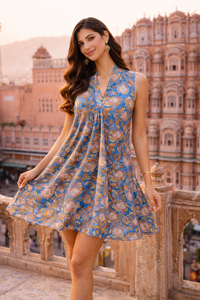 Robe Courte Sans Manches Col V en Coton Imprimé à la Main, Décorations Intégrales, Tenue Décontractée d'Été pour Femme, Œuvre d'Art Faite à la Main - Product Image 3