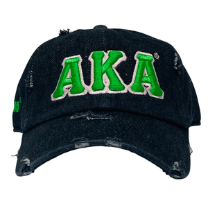 AKA Black Distressed Denim Hat Green Embroidered Letter Baseball <b>Cap</b> Washed Denim Headwear Adjustable Casual Fashion <b>Vintage</b> - Product Image 1