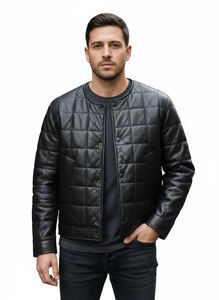 Blouson bomber de haute qualité, coupe-vent, matelassé, motif de coutures carrées, en cuir de vachette, col rond/bande personnalisé, design moderne. - Product Image 6