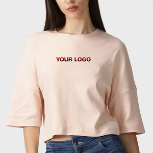 T-shirt court pour femme 100% coton, manches trois quarts, col rond, coupe ample, couleur unie, décontracté, respirant, pour le printemps et l'été - Product Image 1