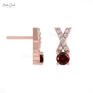 Trending 5mm Round Cut Natural Mozambique Garnet Jesus Criss Cross Stud <b>Earrings</b> 14k Solid Gold Custom Fine Jewelry for Women - Product Image 1