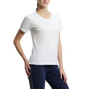 Camisetas de Cuello en V para Mujer con Logotipo Bordado Personalizado, Camisetas Casuales de Verano de Manga Corta, Transpirables, de Algodón, Lisas - Product Image 2