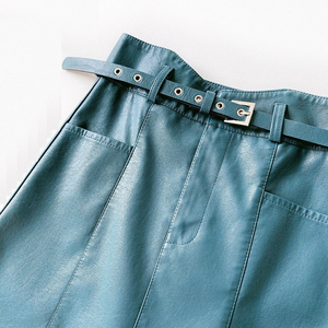Women's High Waist Faux Leather A-Line Mini <b>Skirt</b> With Belt Solid Color Minimalist Style All Seasons Wear - Product Image 5