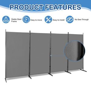 6FT 4-Fold 160g Polyester Cloth and <b>Plastic</b> <b>Screen</b> with Carbon Steel Frame Gray Foldable Room Divider - Product Image 3