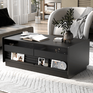 Tavolino da Caffè Moderno Rettangolare con 4 Cassetti, 2 Ripiani Espositivi, Piano in Legno e Marmo da 47,2 Pollici, Stile Scanalato, Frontale in Vetro Temperato, Migliore del 2022 - Product Image 1