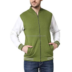 <b>Men's</b> Green <b>White</b> Sleeve Varsity <b>Jacket</b> Zipper Stand Collar Casual Fleece Polyester Cotton Autumn Wear - Product Image 4