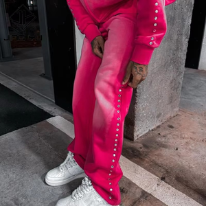 Pantalones de Hombre con Degradado Rosa, Cintura Elástica, Decoración con Remaches, Estilo Casual de Primavera, Tejido de Poliéster Transpirable - Product Image 5