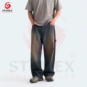 STONEX ENTERPRISES Jeans de mezclilla lavados a la piedra de pierna ancha para hombre, cintura media, corte holgado, casual, tallas grandes, pantalones de algodón - Product Image 1