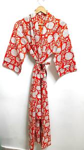 Robe Kimono en Coton Imprimée à la Main, Peignoir Floral Léger pour Femme, Robe d'Été en Coton, Peignoir de Spa, Robe de Mariée - Product Image 4