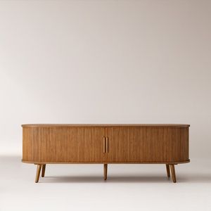 Natural Honey Teak Wood <b>TV</b> <b>Stand</b> Modern <b>Oval</b> Fluted Media Console with Slatted Doors - Product Image 1
