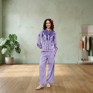 Ensemble bohème pour femmes, broderie florale en coton, manches longues, pantalon ample, tenue printemps été - Product Image 6
