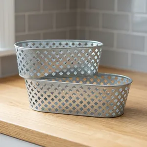 Oval Metal <b>Decorative</b> Baskets Set Geometric Pattern Minimalist Design Lightweight 2Pcs <b>Bathroom</b> Organization Ramadan Wedding - Product Image 3