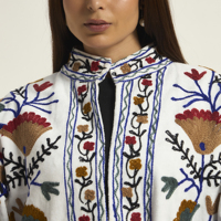 Jaket Bordir Suzani Putih Motif Bunga untuk Wanita, Model Terbuka di Depan, Gaya Boho, Mantel Katun Buatan Tangan, Kerah Lipat Gaya Prairie Chic