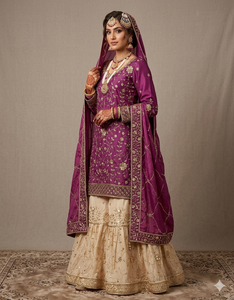 Elegant Plum Net Farshi Sharara Set Heavy <b>Gold</b> Zari Floral Embroidery for Gharara Floor-Length Traditional Wedding Diwali - Product Image 1