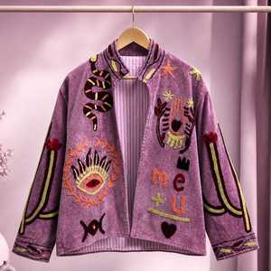 เสื้อแจ็คเก็ตกำมะหยี่สีม่วงปักลายซูซานีด้วยมือ ลายงูศักดิ์สิทธิ์และดวงตาป้องกันภัย  เสื้อคลุมสไตล์โบโฮ  งานศิลปะพื้นบ้าน  ของขวัญที่ดีที่สุด - Product Image 4