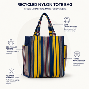 Sac fourre-tout imperméable en nylon recyclé avec broderie, poches latérales rayées, sac à bandoulière réutilisable pour les courses et les voyages quotidiens - Product Image 5