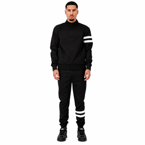 Conjunto Deportivo de Hombre Negro con Media Cremallera, Estilo Urbano de Color Liso, Corte Regular, Estilo Otoñal, 100% Poliéster Transpirable - Product Image 1