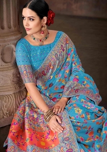 Sari de fiesta reversible sin arrugas de mezcla de algodón Bollywood KV Woven (Azul) - Product Image 6