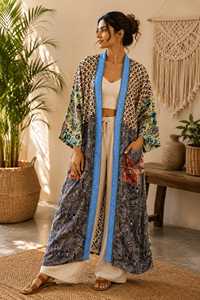 <b>Light</b> Weight Silk Long Dressing Gown With Two pocket Patchwork Silk Kimono Robe For Women - Product Image 2