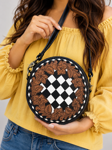 Nuevo Bolso Redondo de Cuero con Diseño Bohemio, Estilo Gitano, con Patrón de Cuadros, Hecho a Mano, Estilo Occidental, Multiusos - Product Image 2