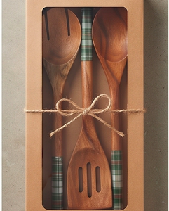 Wooden <b>Utensil</b> <b>Set</b> With Plaid Handle Matte Finish Dishwasher Safe Traditional Design For Kitchen Use - Product Image 6