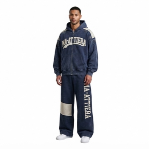 Conjunto de chándal de dos piezas para hombre: sudadera con capucha vintage con cremallera y pantalones de chándal de pierna ancha, venta al por mayor personalizada - Product Image 1