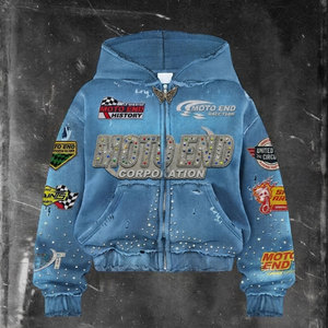Winter Embroidered Patch Acid Wash Streetwear Custom DTG Printed Rhinestone Zip Mens Heavyweight 100% Organic Cotton <b>Hoodie</b> - Product Image 1
