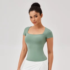 Camiseta Deportiva de Manga Corta para Mujer, Verano 2026, Cuello Cuadrado, Corte Ajustado, Logotipo Frontal, Absorbe el Sudor, para Correr y Hacer Ejercicio - Product Image 3