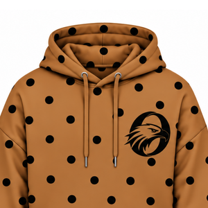 Sudadera con capucha informal de forro polar para mujer, color marrón camel con lunares negros, estilo oversize con cordón ajustable y bolsillo frontal tipo canguro - Product Image 3