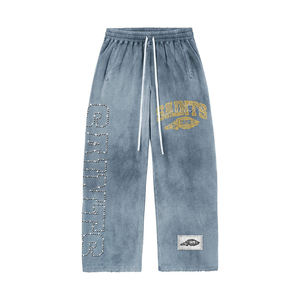 Conjunto de Sudadera con Capucha y Pantalones de Chándal de Algodón Grueso Lavado Estilo Vintage con Efecto Desgastado por el Sol para Hombre, Chándal Urbano Personalizado con Pedrería - Product Image 4
