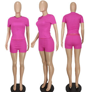 Women Two-Piece Set Casual Short Above <b>Knee</b> Solid Color Top Cotton Ribbed Outfits Short Sleeve Shirit Women Shorts - Product Image 6