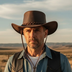 Brown Leather <b>Cowboy</b> Hat Vintage Wide Brim Braided Band Chin Strap Unisex Outdoor Fedora - Product Image 6