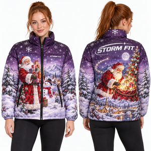 Veste matelassée de Noël pour femme, verte, style Père Noël, en tissu satiné, impression par sublimation, fermeture éclair avant. - Product Image 4