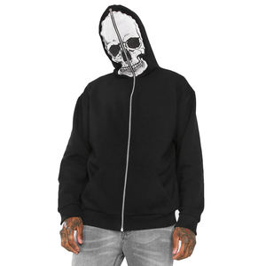 Men's <b>Black</b> Digital Printing Skull Face Print Punk Style <b>Zip</b>-<b>Up</b> <b>Hoodie</b> 100% Cotton Sweatshirt - Product Image 1