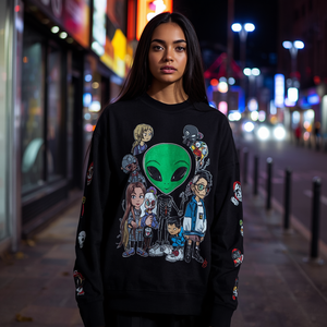 T-shirt unisexe noir à manches longues avec imprimé alien, coupe oversize, col rond, en coton, style hip-hop, décontracté, avec personnalisation OEM ODM - Product Image 3