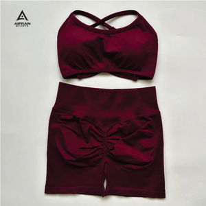 Conjunto de sujetador deportivo sin costuras AIFRAN para mujer, top con espalda cruzada, shorts de cintura alta con efecto levanta glúteos, Spandex/Nylon, soporte medio, extraíble - Product Image 4