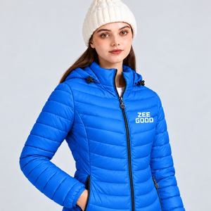 Chaqueta acolchada azul para mujer, con capucha, cierre de cremallera, abrigo de invierno, ropa de abrigo de manga larga con bolsillos frontales - Product Image 4