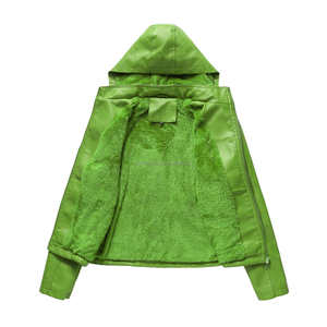 Veste à capuche en cuir vert citron pour femme avec doublure Sherpa confortable Poches zippées Longue longueur pour un style de confort hivernal - Product Image 4