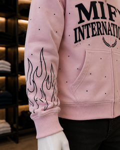 Nouveau sweat à capuche rose zippé en gros avec logo personnalisé imprimé, poche kangourou, sweat décontracté pour hommes - Product Image 4