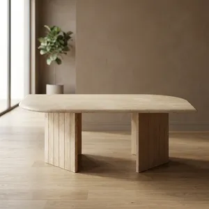 Table basse vintage en cuir avec plateau asymétrique en pierre de travertin beige et pieds en dalles cannelées, meuble de salon moderne, décoration - Product Image 3