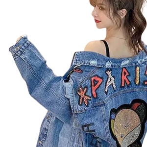 2024 Hotsale New Spring Animal Print Washed Denim <b>Jacket</b> <b>Rhinestone</b> Pearls Beading Blue Plus Size Women's Loose Long Sleeve - Product Image 2