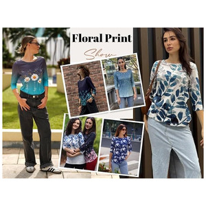 Blusa Casual Personalizada para Mujer, Holgada, con Estampado Floral, Manga 3/4, Cuello Redondo, Bloques de Color, para Primavera, Verano y Otoño - Product Image 4