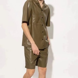 Mens Faux Leather <b>Shirt</b> with Straight Short Sleeve <b>Button</b> Front Top for Daily Fashion Casual Gatherings and Smart Style Looks - Product Image 1