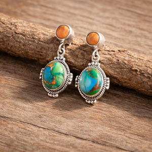 Boucles d'oreilles pendantes artisanales en turquoise bleue et turquoise orange, en argent sterling 925, style bohème |   Bijoux Artisanaux - Product Image 1