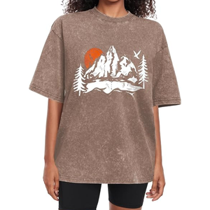 T-shirt femme vintage délavé à col rond et manches courtes, coupe ample, style streetwear tendance, imprimé numérique, respirant - Product Image 1
